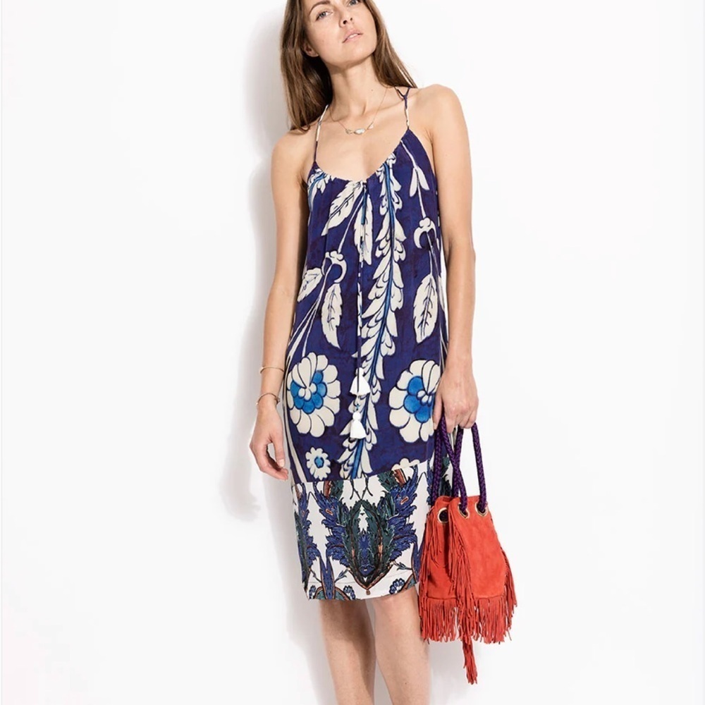 Figue Norah Silk Blue Floral Print Relaxed Fit Spaghetti Straps Tassels Size Xxs
